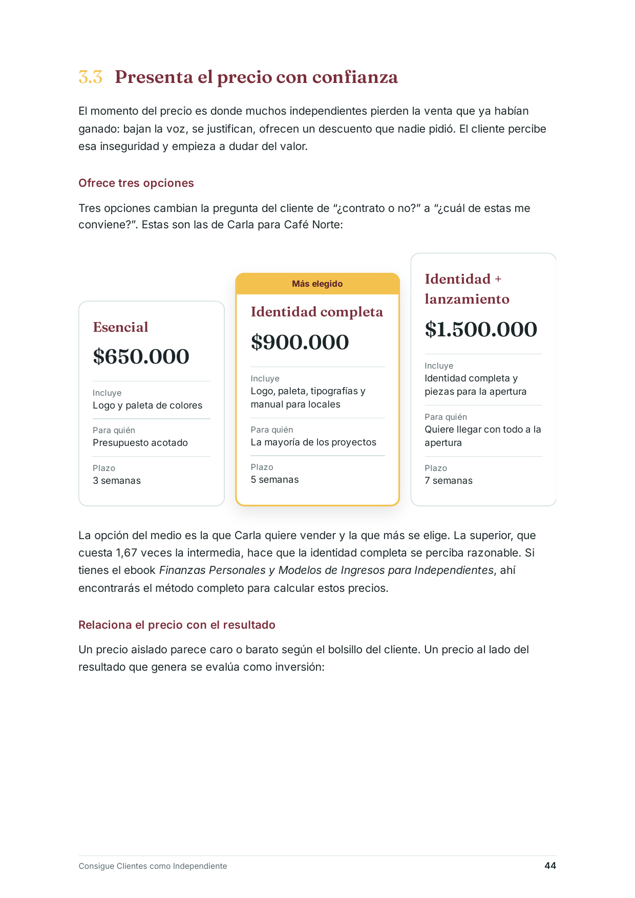 Página 44: tres opciones de precio